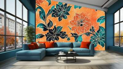 Orange and teal floral pattern with vintage texture. Wall mural