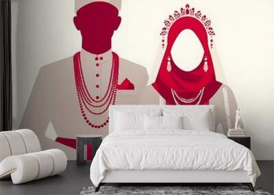 Illustration of two malay couple wearing malay attires. Malay wedding ceremony. In two colour red and white. White background .Use as card greetings, wishes card Wall mural