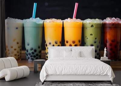 Assortment of fresh boba on black background Wall mural