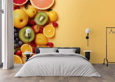 Assortment of fruits on yellow pastel with copy space  Wall mural