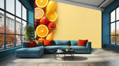 Assortment of fruits on yellow pastel with copy space  Wall mural