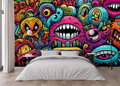 Colorful doodle monster art background Wall mural