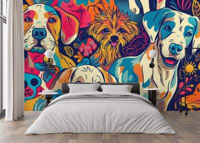 colorful seamless doodle dogs colorful background  Wall mural