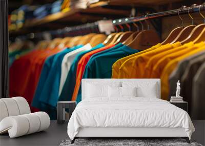 colorful T-shirts on the standing hanger in clothing store Wall mural