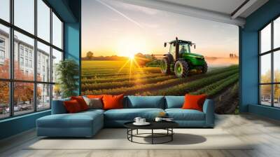 farming tractor spraying plants in a field. Wall mural