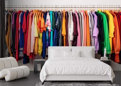 Fashion clothes on clothing rack - bright colorful closet. Closeup of rainbow color choice of trendy female wear on hangers in store closet or spring cleaning concept. Summer home wardrobe.  Wall mural