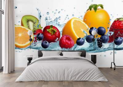 Fresh fruits splashing into clear water Wall mural