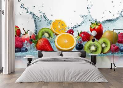 Fresh fruits splashing into clear water Wall mural