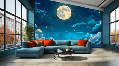 full moon  stars  and clouds on the dark midnight sky. Night sky scenery  Wall mural