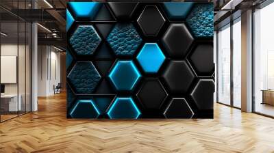 Futuristic blue neon black hexagon Wall mural