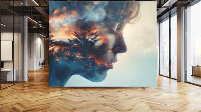 Overlaying multiple images of a woman and nature Wall mural