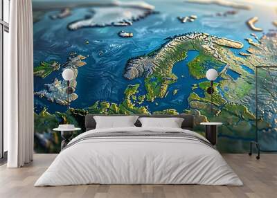 3D illustration showing flattened satellite view of Scandinavia and Northern Europe's geography and topography Wall mural