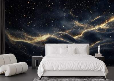 A breathtaking cosmic scene of swirling dark space filled with shimmering stars and glowing waves of light, creating a sense of wonder and the vastness of the universe. Wall mural