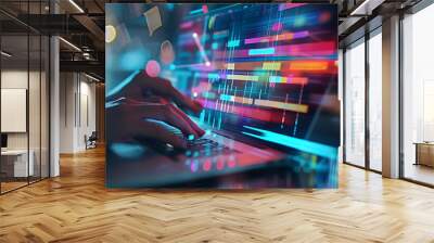 A business developer using a laptop with a transparent overlay displaying a Kanban board, showcasing different stages of tasks for agile software development and efficient project management Wall mural