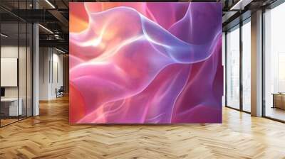 A vibrant, abstract representation featuring flowing waves of pink and purple hues, conveying a sense of motion and tranquility. Wall mural