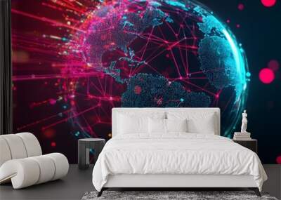 A vibrant, digital representation of Earth surrounded by colorful light trails, symbolizing connectivity, technology, and global communication. Wall mural