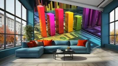 A vibrant bar chart rises against a backdrop of banknotes, illustrating financial data and market trends in a visually engaging manner. Wall mural