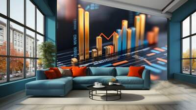 A vibrant digital display showcasing multicolored bar graphs and line charts, representing data analysis and financial trends. Wall mural