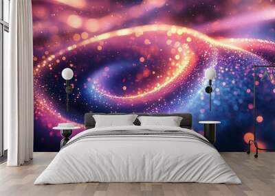 A vibrant swirl of cosmic colors with shimmering particles, creating an ethereal effect reminiscent of galaxies or abstract art. Wall mural