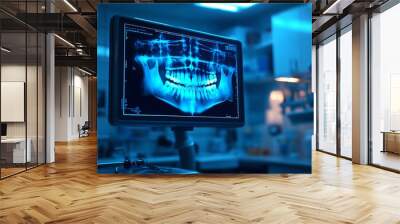 An x-ray image of a dental structure displayed on a screen in a modern clinic, illuminated with blue lighting. Wall mural