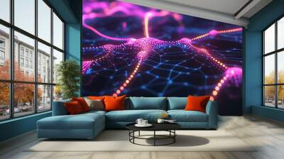 close-up of complex neural network visualization, featuring glowing nodes and vibrant colors in a digital landscape Wall mural