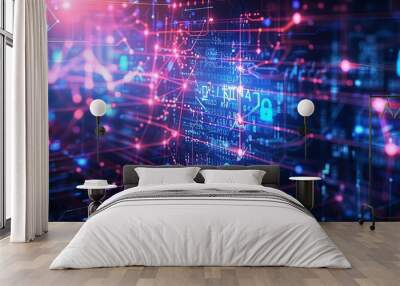 Complex Cyber Network with Data Flow and Embedded Security Icons Wall mural