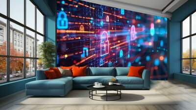 Complex Cyber Network with Data Flow and Embedded Security Icons Wall mural