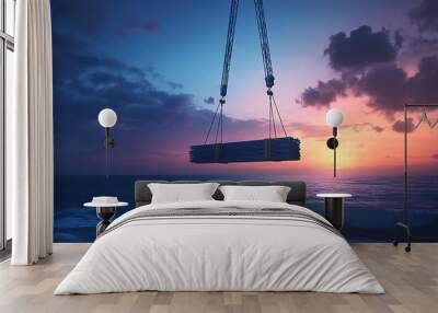 Crane Lifting Steel Beams at Coastal Construction Site During Golden Hour Wall mural