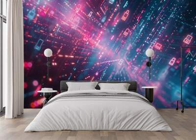 Digital Network with Light Trails, Binary Codes, and Neon Security Locks Wall mural