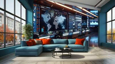 Digital trading floor with screens showing global export data Wall mural