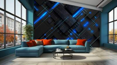 Futuristic geometric design with glowing blue lines and dark abstract shapes Wall mural