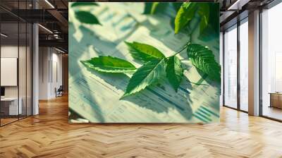 Green Leaves on Financial Charts: Nature and Business Wall mural