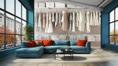 Organized wardrobe with neutral-toned casual attire on white rails, featuring dresses, shirts, and blouses in beige and light brown, with neatly arranged storage boxes below Wall mural