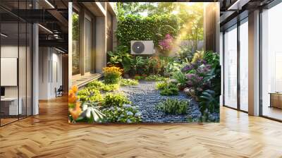 Outdoor garden in summer with a modern air-conditioning unit, surrounded by vibrant plants and colorful flowers, bathed in warm sunlight, showcasing a harmonious blend of technology and nature Wall mural