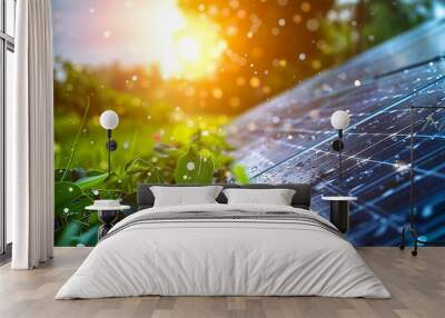 solar panel project in a field with bright sunlight after rain Wall mural