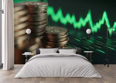 Stack of Coins with Green Line Graph Showing Sharp Increase on Dark Gradient Background Wall mural