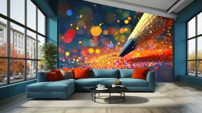 Vibrant pencil tip releases colorful glitters & pigments, symbolizing creativity & magic on paper Wall mural