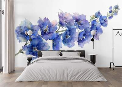 Watercolor illustration of vibrant blue delphinium flowers with green leaves, showcasing a detailed and artistic floral arrangement Wall mural