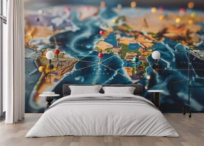 World map with pins and connecting lines illustrates global business expansion Wall mural