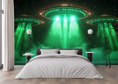 3d UFO, vector three set of alien space ships with green light beam, smoke and sparkles. Saucers with bright illumination and vertical ray for abduction, unidentified flying objects Wall mural