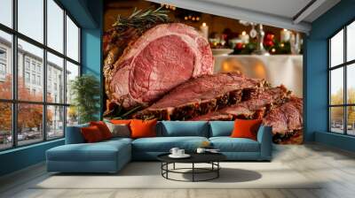 A closeup of a christmas dinner succulent, roasted prime rib, sliced and garnished with rosemary, on a wooden board, with a blurred background of a festive dinner table setting. Wall mural