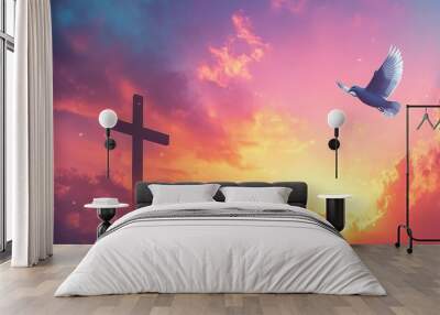 A cross silhouette paired with a dove soaring against a sunset sky, featuring ample space for text. This background is perfect for a Christian concept banner Wall mural