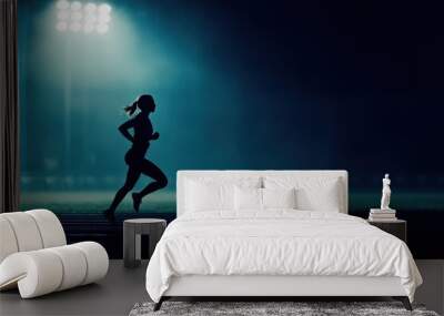 A female runner is running on the track, dark background, track and field stadium lights, silhouette of figure running in profile Wall mural