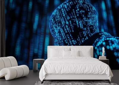 A futuristic blue digital hacker integrated with illuminated binary sequences, showcasing artificial intelligence in cybersecurity systems, including sophisticated threat detection Wall mural