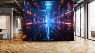 A futuristic data center, humming with the energy of a million transactions per second, illustrating the backbone of modern society powered by information technology Wall mural