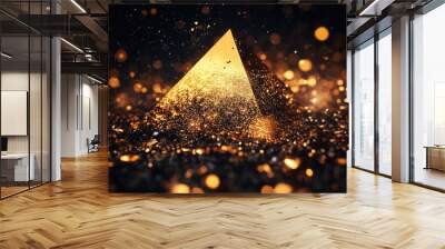 A golden pyramid with a black background and gold shapes  Wall mural