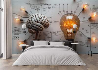 A light bulb and brain against the background of diagrammatic drawings with intricate details, the lights in each lamp sparkle and glow.  Wall mural