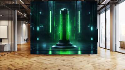 Abstract sci-fi background with glossy black column and green light 3d render illustration Wall mural