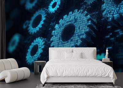 Automation Software background. Gears icons made with binary code. IOT and Automation concept. Digital binary data and streaming digital code. Matrix background with digits 1.0 Wall mural