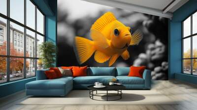 Black and white photo of a yellow tang fish among coral in the ocean Color Splash Art  Wall mural